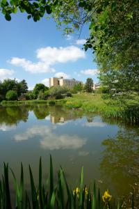 
a large body of water surrounded by trees at University of Bath Summer Accommodation in Bath
