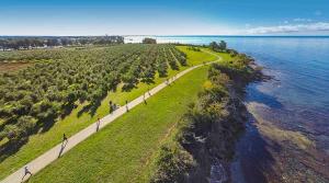a group of people walking down a path next to the water at Salis in Novigrad Istria