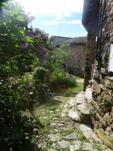 a stone path next to a stone building with flowers at gite Sous le Figuier in Vals-les-Bains