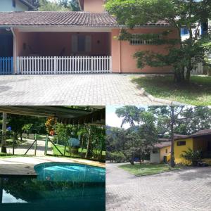 un collage de fotos de una casa y una piscina en Aconchego 3 dorms, piscina, churrasq em Condomínio Fechado, en Boicucanga