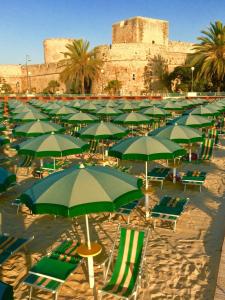 un mucchio di ombrelloni e sedie verdi su una spiaggia di La culla sul mare a Manfredonia