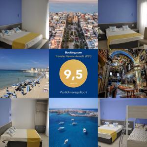 un collage de photos d'une chambre d'hôtel et d'une plage dans l'établissement Ventidimaregallipoli, à Gallipoli