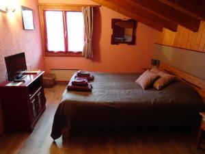 a bedroom with a bed and a desk and a television at la grange à Caroline in Ayent