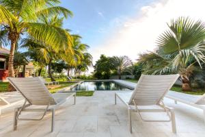 duas cadeiras num pátio ao lado de uma piscina com palmeiras em Tipalais em Saint-Pierre