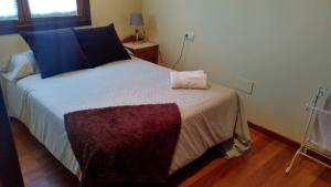 a bedroom with a large bed with blue pillows at O Candil De Santa Ana in Pontevedra