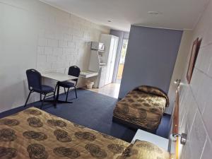 a room with a bed, chair, desk and a television at Central Motel Ipswich in Ipswich
