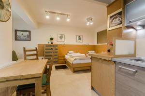 a room with a kitchen and a bedroom with a bed at Family Apartments - Private Parking in Krakow