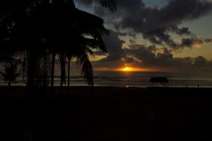 una puesta de sol en una playa con palmeras y el océano en Pousada Terceiro Espaço en Guaibim