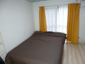 1 dormitorio con 1 cama y una ventana con cortinas amarillas en THE MICKEY CARLTON Ohashi 101, en Shiobaru