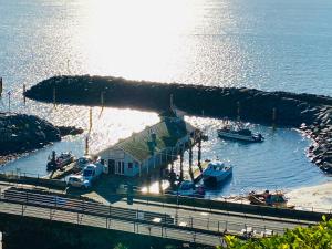 um grupo de barcos ancorados numa doca na água em 'Kaia' Beach Vista, Ventnor Beach em Ventnor