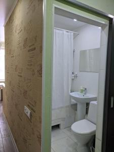 y baño con aseo y lavamanos. en Apartment near city center on Peremohy Avenue 46, en Cherníhiv