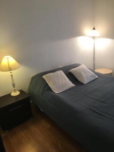 カブールにあるCabourg centre et plageのベッドルーム1室(枕2つ、ランプ付)