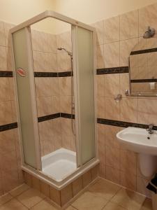 a bathroom with a shower and a sink at Albatros in Świnoujście