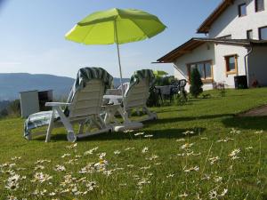zwei Stühle und ein Regenschirm im Gras in der Unterkunft Gästehaus Rachelblick in Frauenau