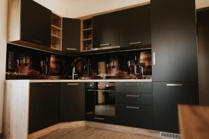 una cocina negra con armarios y electrodomésticos negros en Sivota Luxury Apartments en Sivota