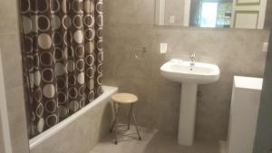 a bathroom with a sink and a shower curtain at Casco El Trapiche in Godoy Cruz