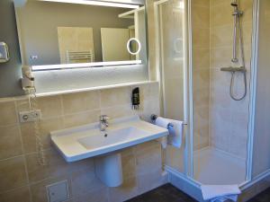 a bathroom with a sink and a shower at Landhaus Am Grün in Kühlungsborn +21 photos