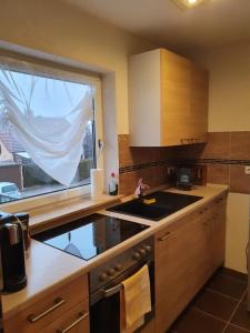eine Küche mit einem Waschbecken und einem Fenster in der Unterkunft Exklusive moderne 2 Zi. Wohnung in ruhiger Lage in Schechingen