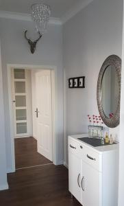 a bathroom with a white sink and a mirror at Bismarck-Apartment in Kaiserslautern