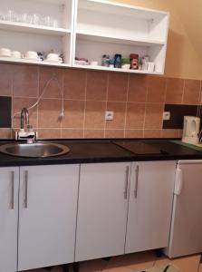 a kitchen with white cabinets and a sink at Apartments Vučko Vlašić in Vlasic