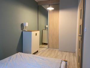Pokój z łóżkiem i lustrem w obiekcie Apartament URBAN JUNGLE! w Poznaniu