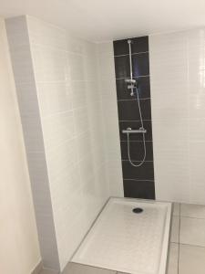 uma casa de banho com um chuveiro a preto e branco em MONTALIEU SEJOUR Rez de jardin Les jonquilles - 1 à 4 PERS - PROX CNPE BUGEY - VALLEE BLEU - VIA RHONA em Montalieu-Vercieu