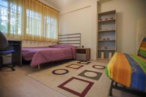 een slaapkamer met een bed, een bureau en een tapijt bij A Stylish Apartment In The Center Of Kastoria in Kastoria