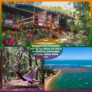 a collage of photos of a resort with a hammock and a house at Recanto dos Passaros in Praia do Forte