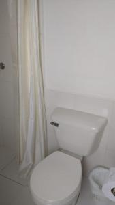 La salle de bains blanche est pourvue d'une douche et de toilettes. dans l'établissement Hotel Villa Paz, à Villa de Leyva