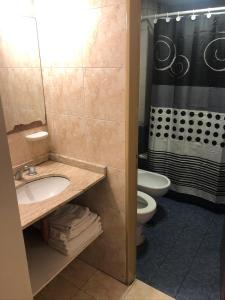 y baño con lavabo, aseo y ducha. en Junin 474 en San Miguel de Tucumán