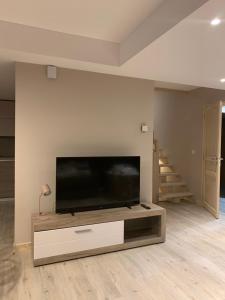 a living room with a large flat screen tv at SKI LODGE in La Toussuire