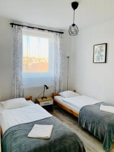 two beds in a room with a window at Apartament Salton in Bochnia