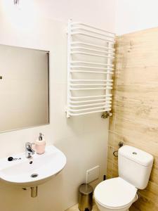 a bathroom with a white toilet and a sink at Apartament Salton in Bochnia