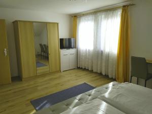 Schlafzimmer mit einem Bett, einem TV und einem Spiegel in der Unterkunft Pension Hofer in Bad Berneck im Fichtelgebirge