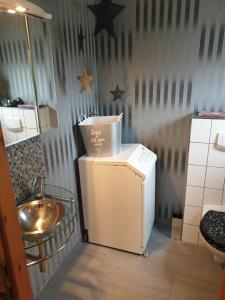 a small refrigerator and a sink in a room at Altes Zollhaus in Fehmarn +30 photos