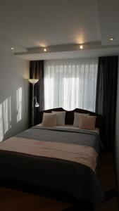 a bedroom with a large bed in front of a window at Dange apartment in Šiauliai