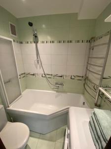 a bathroom with a bath tub and a toilet at Dange apartment in Šiauliai