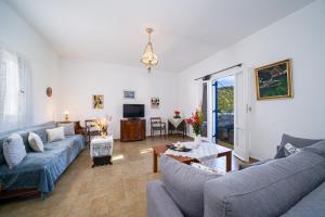 a living room with blue couches and a tv at Villa Galini in Asos