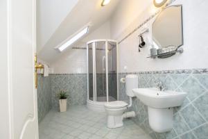 a bathroom with a toilet and a sink and a shower at Villa Rosa in Hajdúszoboszló