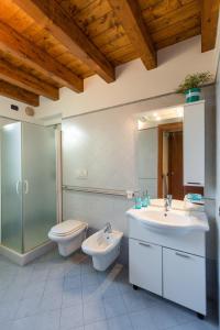 Un baño con lavabo, inodoro y ducha. en Casa Lorena, en Desenzano del Garda