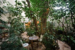a garden with a table and trees and plants at Hotel La Semilla a Member of Design Hotels in Playa del Carmen