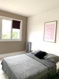a bedroom with a bed and two windows at Nice flat near Paris MCP in Joinville-le-Pont