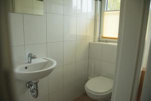 a white bathroom with a toilet and a sink at Landurlaub in Schmallenberg Landhäuschen in Schmallenberg