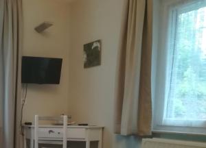 een woonkamer met een tv en een tafel en een raam bij Chambres La Belle Vue in Dinant