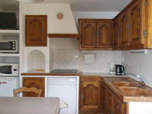 a kitchen with wooden cabinets and a white dishwasher at Studio massacan in Entrevaux