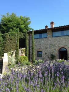 un jardin avec des fleurs violettes en face d'un bâtiment dans l'établissement Appartamento in Villa con Piscina - Mhateria Relais, à Rignano sullʼArno