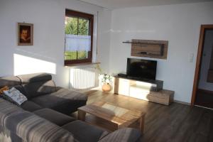 a living room with a couch and a tv at Ferienwohnung Friedrich in Schonungen