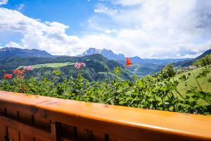 a wooden bench with a view of the mountains at Oberpalwitterhof in Barbiano