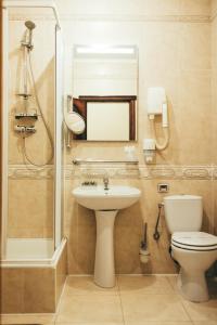 La salle de bains est pourvue d'un lavabo, de toilettes et d'une douche. dans l'établissement Lyube, à Khmelnytsky