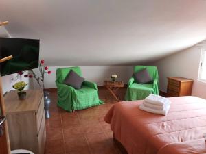 1 dormitorio con 2 sillas verdes y 1 cama en Tabua Village Adventure Room #6 with Ocean View, en Ribeira Brava